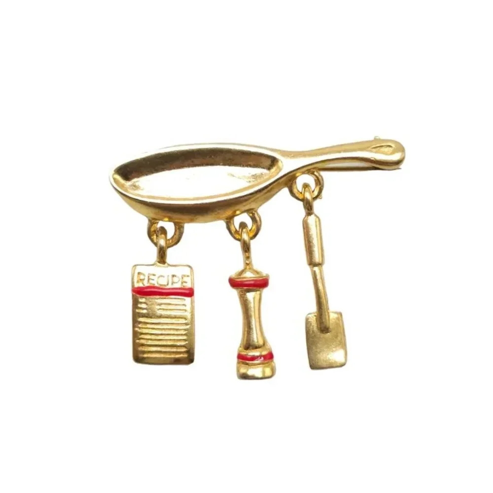 Chef Cook Recipe Charms Red Enamel Brooch Pin Gold Tone Vintage